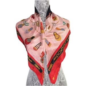 Vintage Echo Silk Scarf  Made in Japan Heraldic Crest Medals Red Pink Square